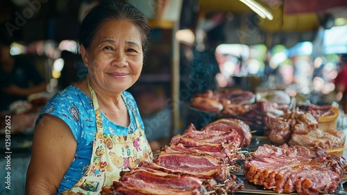 Smiling vendor showcasing delicious grilled meats at a vibrant local market, highlighting traditional street food culture in a lively community setting