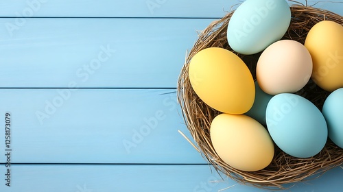 Wallpaper Mural Pastel Easter Eggs in a Nest on Light Blue Wooden Background for Spring Holiday Celebration Torontodigital.ca