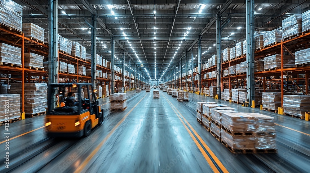Fototapeta premium Busy warehouse interior with forklifts transporting pallets between shelves, showcasing logistics