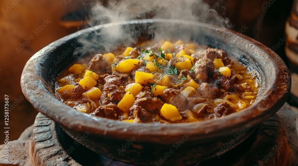 Delicious traditional stew with tender meat and vibrant yellow potatoes Delicious traditional stew with tender meat and vibrant yellow potatoes