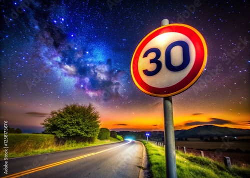 Irish Night Speed Limit Sign, 30kmh, Dark Sky, Candid Photography photo