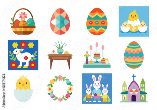 Set of Easter design elements. Easter Sunday Eggs, chicken, butterfly, rabbit, tulips bundle