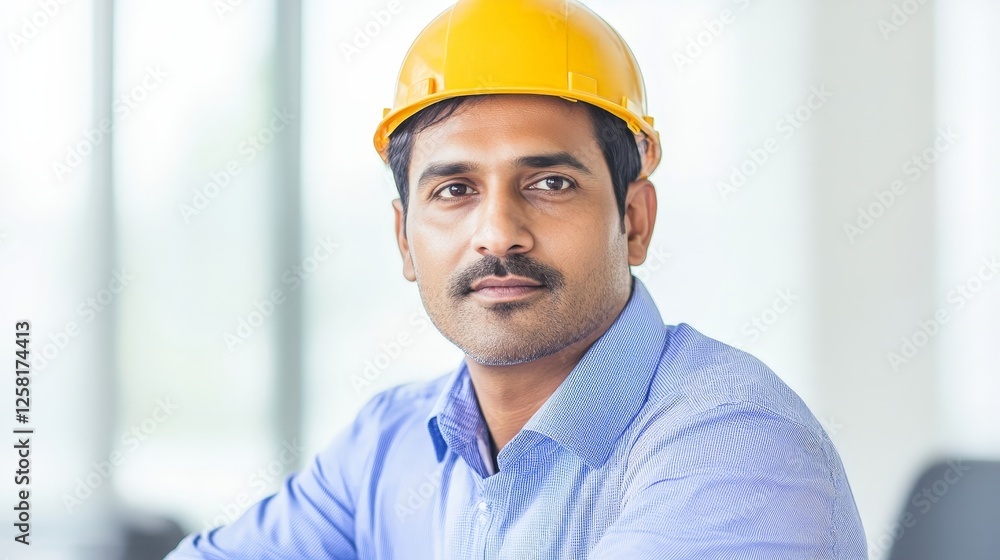 Confident construction manager in a yellow hard hat in a modern workspace Confident construction manager in a yellow hard hat in a modern workspace