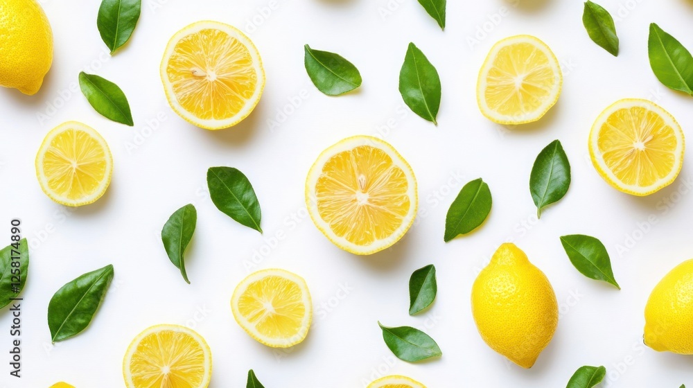 Fresh Lemons Slices Leaves White Background Minimalist Design Fresh Lemons Slices Leaves White Background Minimalist Design