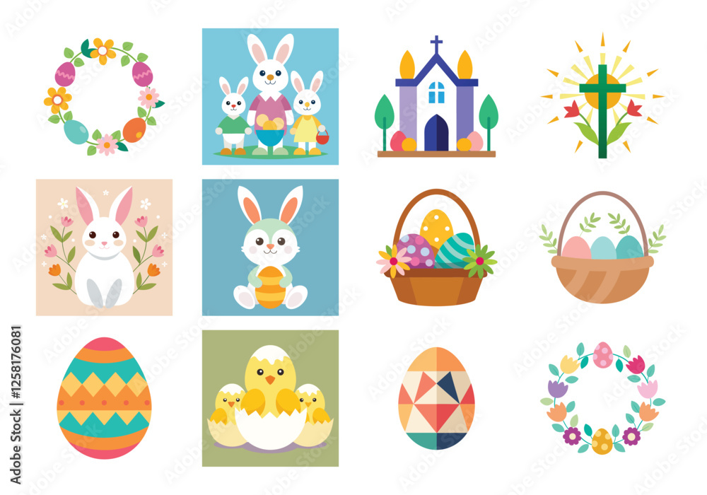 Obraz premium Set of Easter design elements. Easter Sunday Eggs, chicken, butterfly, rabbit, tulips bundle
