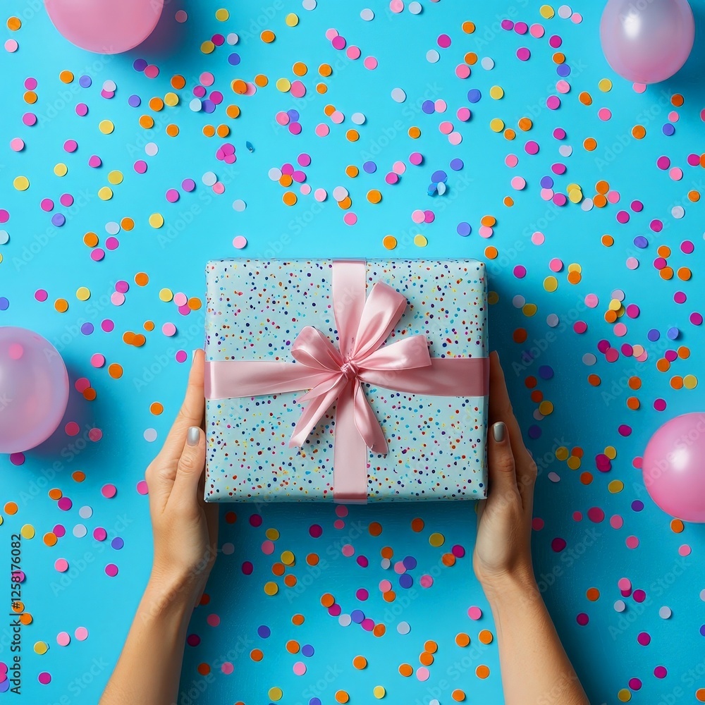Festively Wrapped Gift Box Surrounded by Colorful Confetti and Balloons for Celebrations Festively Wrapped Gift Box Surrounded by Colorful Confetti and Balloons for Celebrations