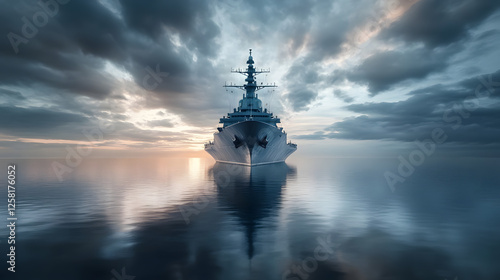 Foto Advanced military battleship sailing through tranquil sea scene