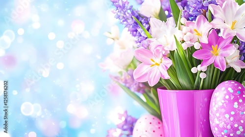 Pastel Easter Flowers in Pink Pot with Polka Dot Egg Happy Spring Floral Arrangement Decoration photo