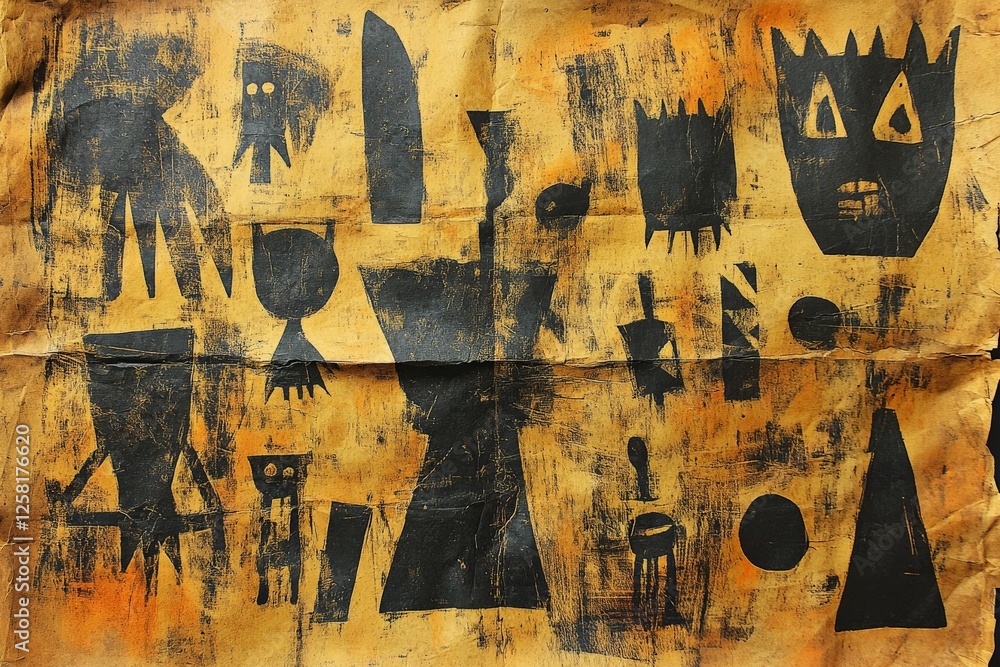 Fototapeta premium Abstract artwork featuring black shapes against a textured orange background in a modern art style
