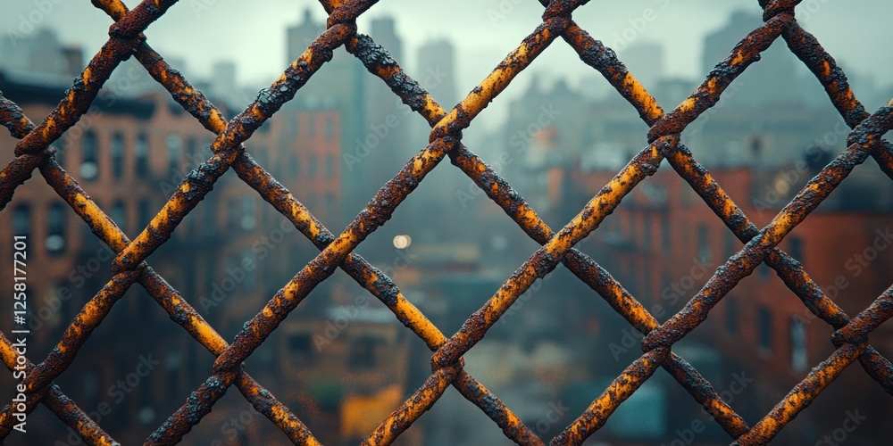 Fototapeta premium Rusty Chain Link Fence in Urban Setting: A Glimpse of Cityscape Through the Grid