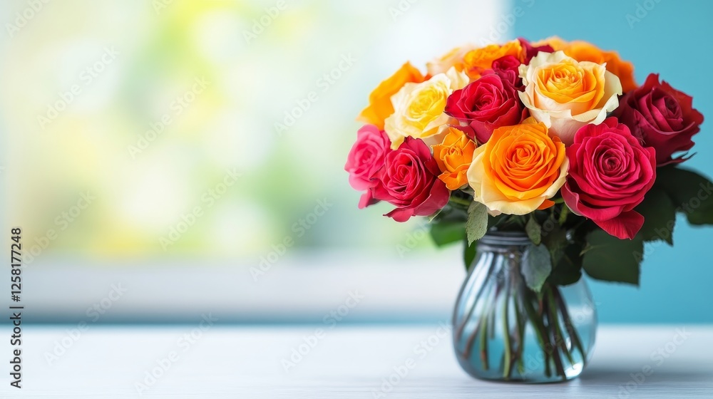 Fototapeta premium Vibrant Rose Bouquet in Vase - A stunning bouquet of multicolored roses in a glass vase sits on a white table against a blurred green and blue background