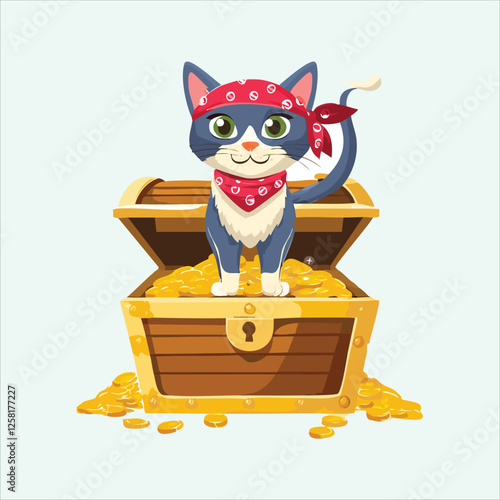 Cat wearing a bandana, standing on a treasure chest full of gold