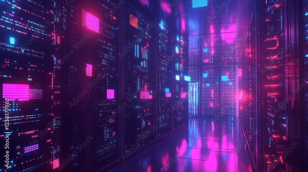 Fototapeta premium Digital data warehouse with glowing server farms for cloud computing and information exchange 