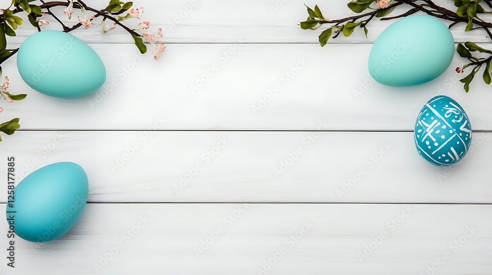 Obraz premium Pastel Hue Easter Eggs on White Wood Background with Blossoms Festive Holiday Celebration Still Life