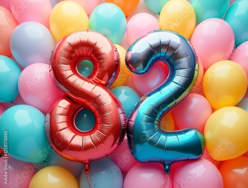 Colorful balloons forming the number eighty-two for an eighty-second birthday celebration photo