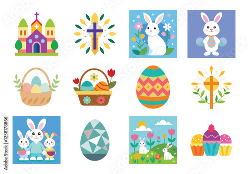 Set of Easter design elements. Easter Sunday Eggs, chicken, butterfly, rabbit, tulips bundle
