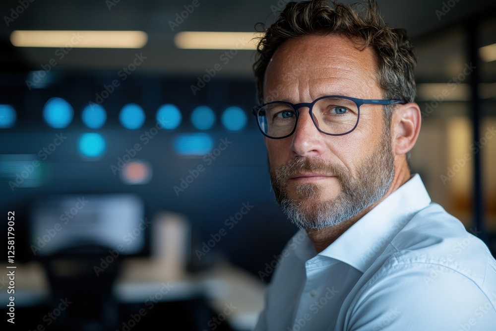 A bearded professional man poses confidently in an office setting, showcasing his focus and determination in a sophisticated working environment filled with tech. A bearded professional man poses confidently in an office setting, showcasing his focus and determination in a sophisticated working environment filled with tech.