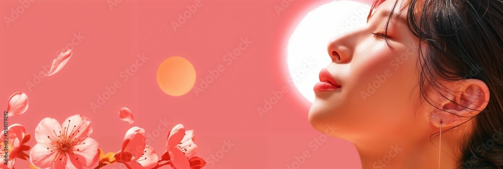 A serene woman basking in warm sunlight, surrounded by floating cherry blossom petals, evoking a peaceful and dreamy springtime mood. A serene woman basking in warm sunlight, surrounded by floating cherry blossom petals, evoking a peaceful and dreamy springtime mood.