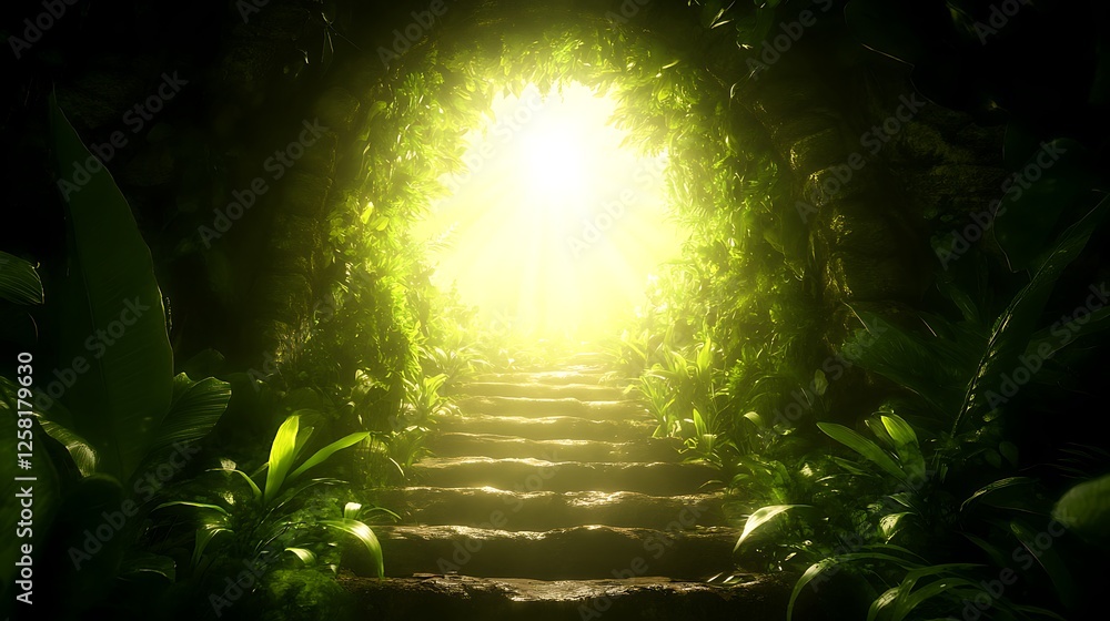 Obraz premium Path Steps Through the Jungle to an Illuminated Portal with Lush Greenery and Mysterious Steps