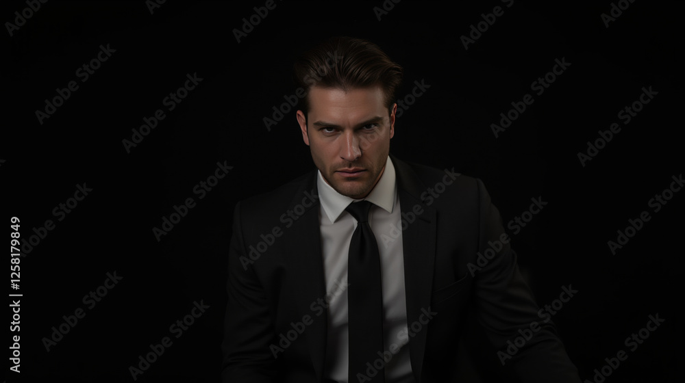 serious man in black suit and tie against dark background, exuding confidence and intensity serious man in black suit and tie against dark background, exuding confidence and intensity