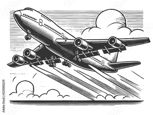 Takeoff of a passenger plane engraving vector