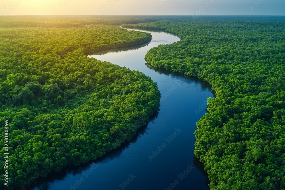 Aerial view of a dense forest with a winding river, Aerial view of a dense forest with a winding river,