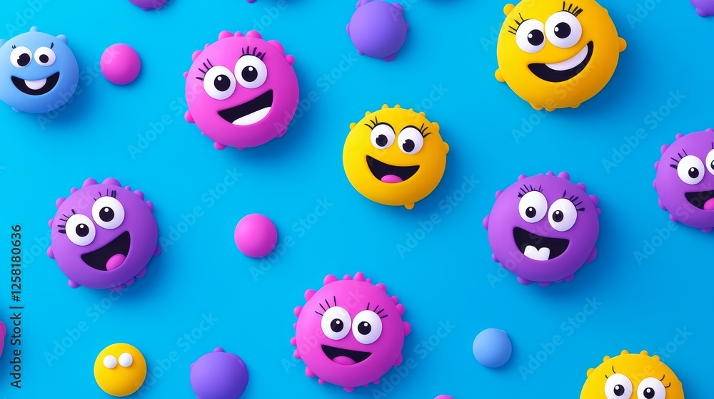 Obraz premium Joyful and Vibrant Cartoon Smiley Faces Illustrating Happiness - Happy, playful, colorful, cheerful, fun cartoon smiley faces expressing positive emotions and good vibes