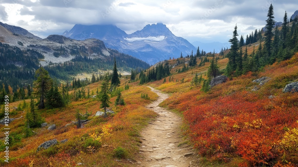 Forest trail winding through vibrant autumn foliage and mountain views Forest trail winding through vibrant autumn foliage and mountain views
