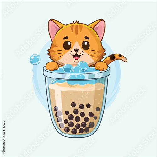Fluffy kitten sipping bubble tea through a giant straw