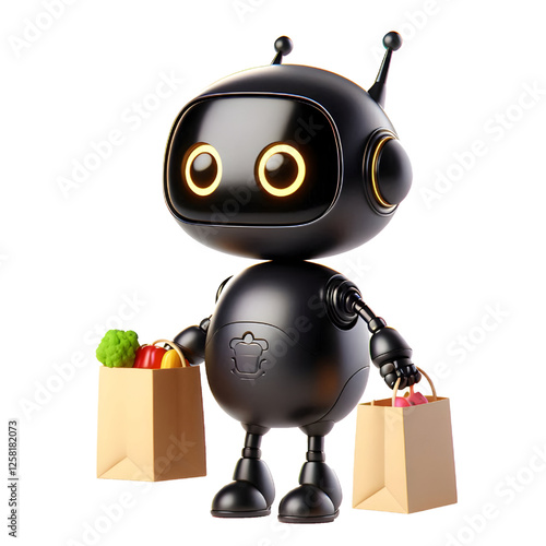 Cute 3D black robot with golden eyes carrying grocery bags and smiling in side view isolated on white background