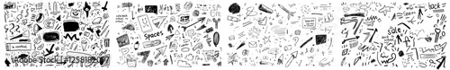 Set of hand-sketched arrows, icons, hashtags