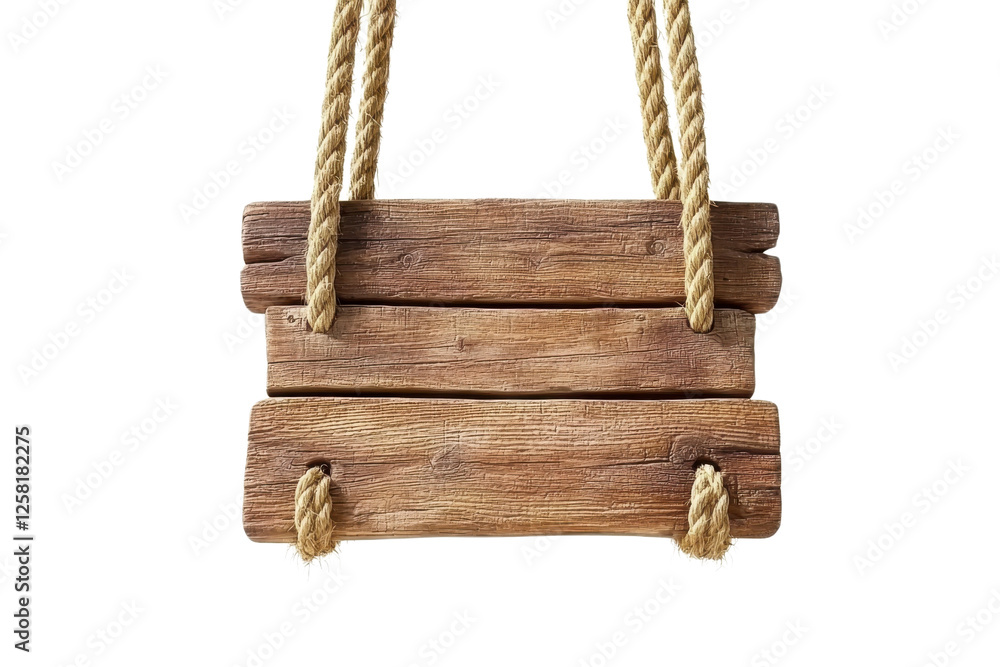 Rustic Wooden Sign Board Hanging on Rope with Isolated Background for Creative Presentations and Designs