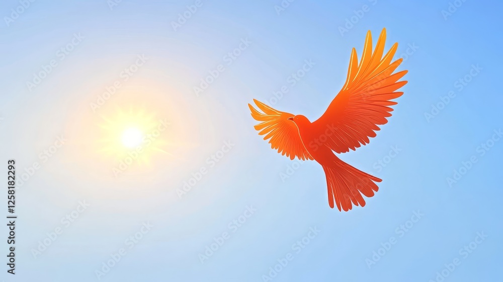 Fototapeta premium Golden Bird Silhouette Sunrise Flight - A vibrant orange bird soars gracefully against a radiant sun, symbolizing freedom, hope, new beginnings, spiritual awakening, and divine connection