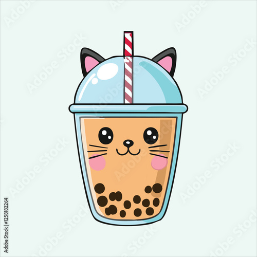 Cute cat-shaped bubble tea cup with tiny cat ears and whiskers