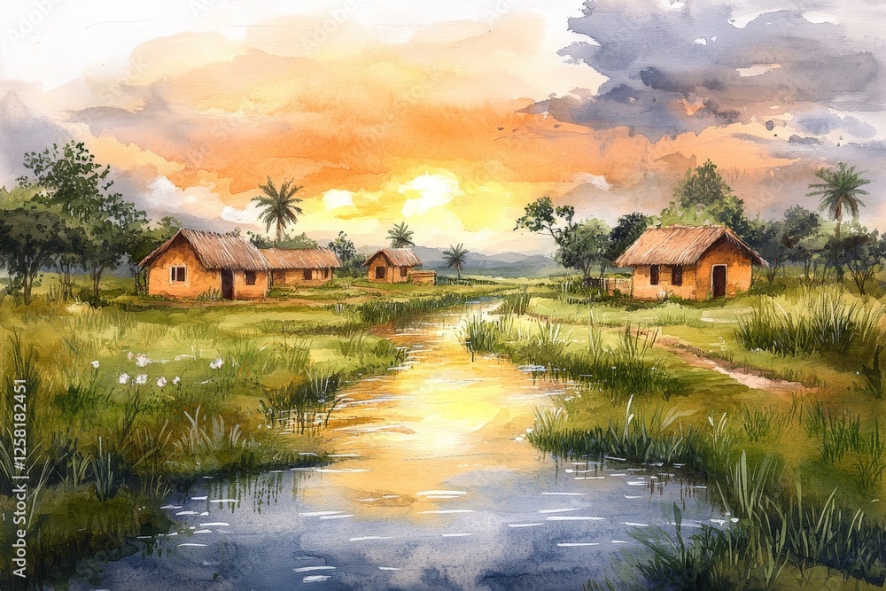 Serenity in nature with huts and a flowing stream at sunset in a tranquil rural landscape Serenity in nature with huts and a flowing stream at sunset in a tranquil rural landscape