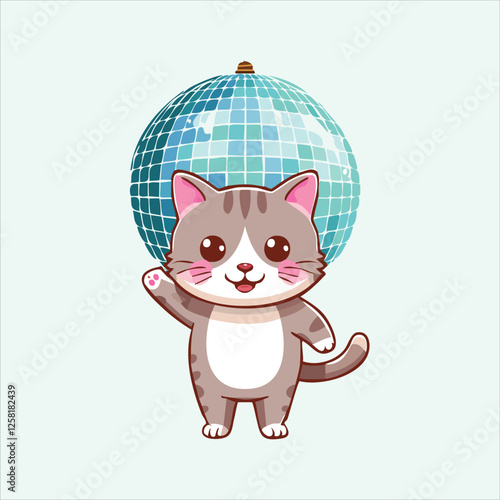 A kawaii disco cat grooving under a glittering disco ball