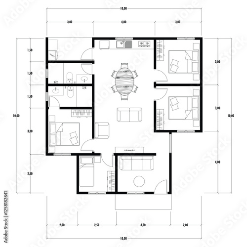 Black and White floor plan of a modern unfurnished house for your design. Suburban house vector blueprint. Architectural background. eps 10