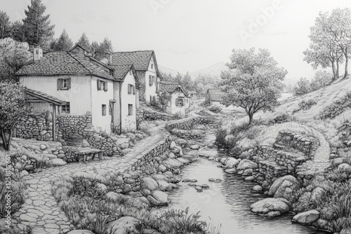 Wallpaper Mural Charming village landscape with a flowing river and rustic houses surrounded by nature Torontodigital.ca