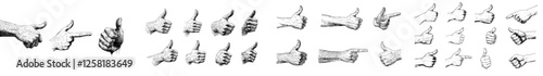 Engraved hands gesture. Hand drawn like and dislike, sketch punch and pointing finger. Vintage hand pointer modern illustration set. Thumb up and down, recommendation. Finger from and side view