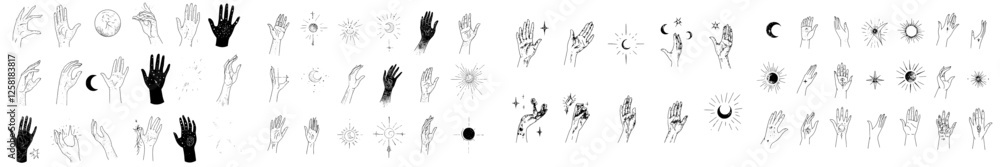 Fototapeta premium A set of 16 modern magical hand logos: linear style with minimal design, featuring planets, moon phases, sun, and stars