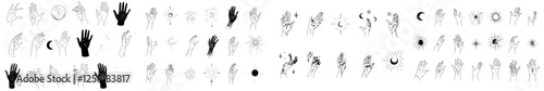 A set of 16 modern magical hand logos: linear style with minimal design, featuring planets, moon phases, sun, and stars