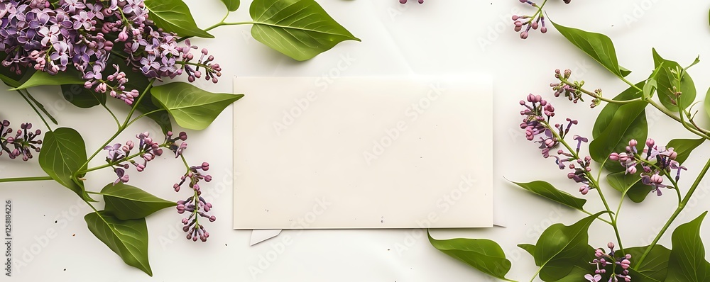 Fresh lilac blooms with green foliage and a blank card, perfectly isolated on white.