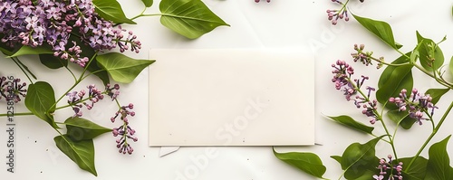 Obraz na płótnie Fresh lilac blooms with green foliage and a blank card, perfectly isolated on white. w salonie