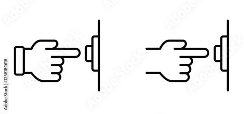 Hand Gesture. Touch or pointing hand to door bell. Finger pressing, pushing or pointing at wall bell. Calling, ringing the doorbell. Hand push or pressed the bell button at the front door.