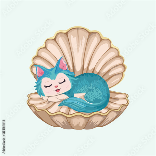 Mermaid cat sleeping inside an open clamshell
