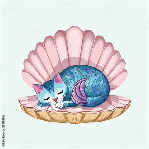 Mermaid cat sleeping inside an open clamshell