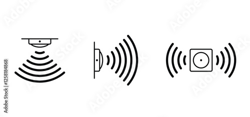 Motion sensor with man. Safety, security surveillance video camera eye, cctv alert. Attention, motion detector infrared. Radio frequency Alarm system. Sensor waves signal.
