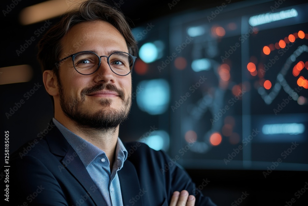 A confident professional poses for the camera, showcasing data visualization technology in the background, representing innovation and analytical thinking. A confident professional poses for the camera, showcasing data visualization technology in the background, representing innovation and analytical thinking.
