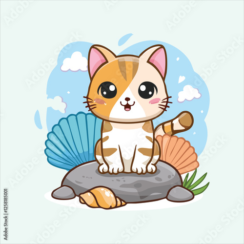 Kawaii chibi cat with seashells in its fur, sitting on a rock