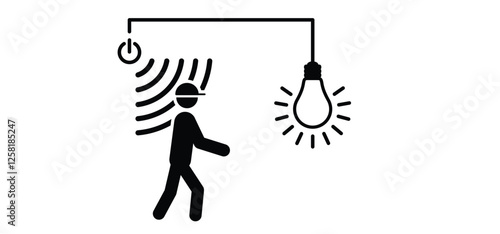 automatic, lamp, light bulb sensor. Motion sensor with walking man. Spotlight, motion activated porch light. motion detector infrared. Home indoor or outdoor lighting.